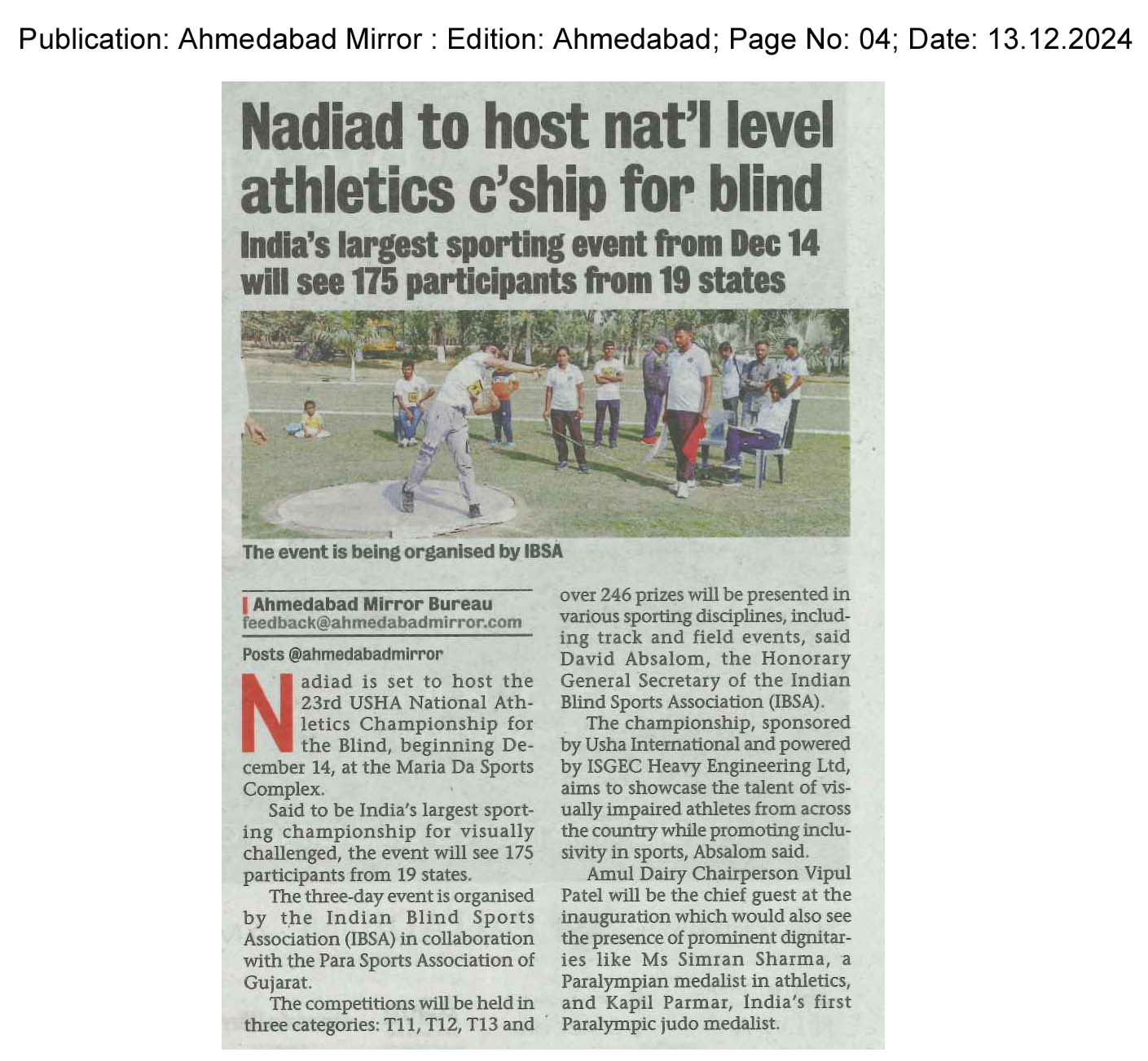Ahmedabad Mirror Ahd 13.12.2024 Page 04 USHA Championship