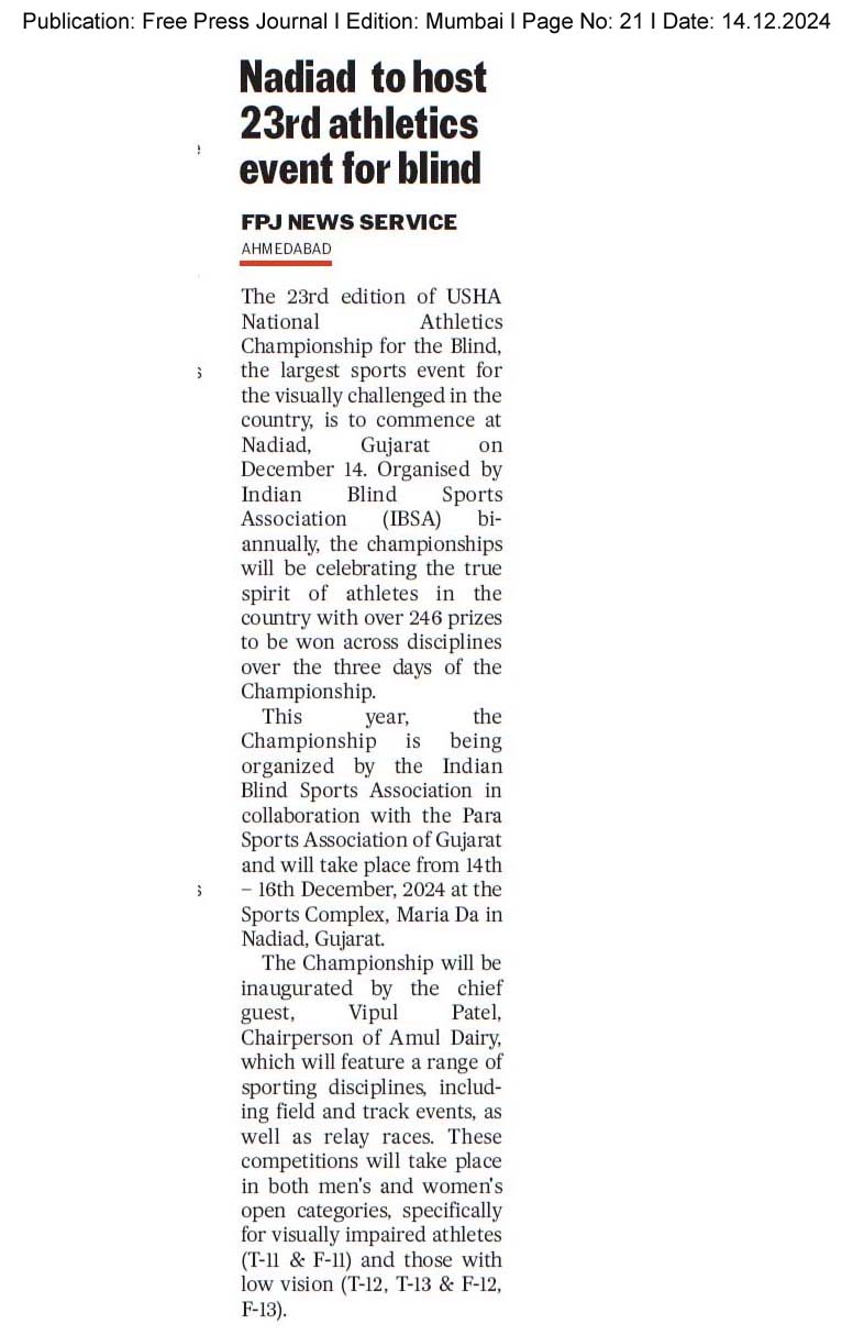 Free Press Journal Mumbai 14.12.2024 Page 21 USHA Championship